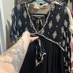 Free People Black and White Embroidered Blouse